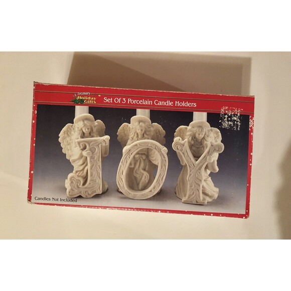 TREASURY OF HOLIDAY GIFTS SET OF 3 PORCELAIN CANDLE HOLDERS WHITE MATTE - Picture 1 of 12